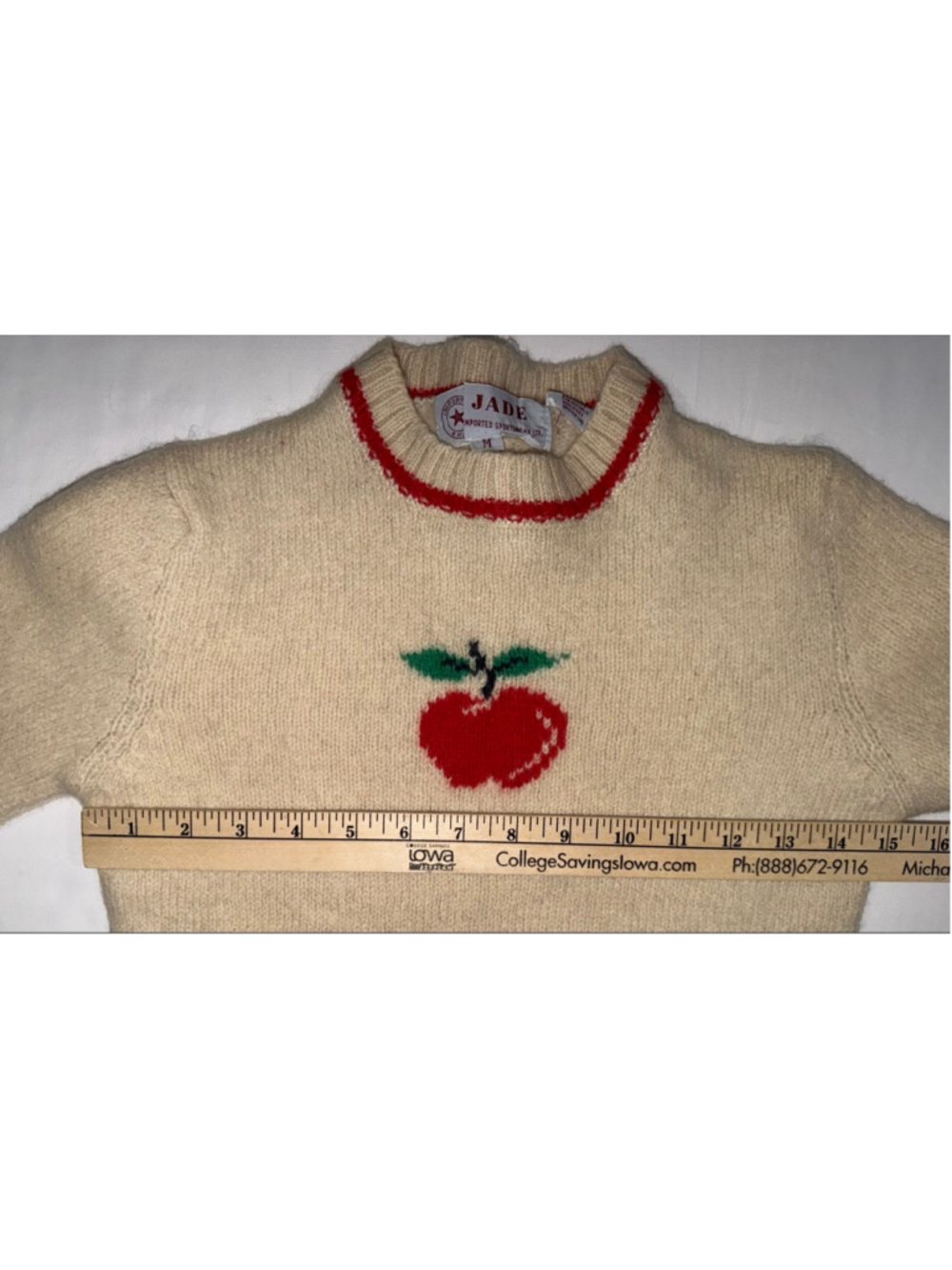 Jade Youth Girl Wool Shetland Apple Sweater Cream Cottagecore Retro VTG Novelty - Picture 6 of 9